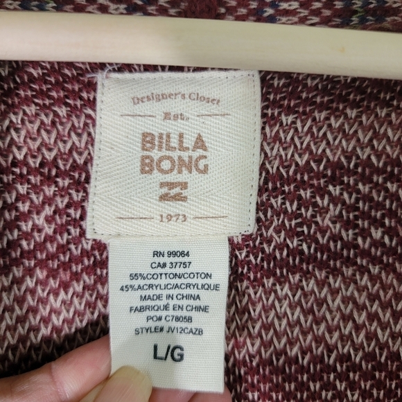 Billabong Women Red Aztec Open Cardigan Sz L Academia Fall Pocket Cabincore Cozy - Picture 9 of 12